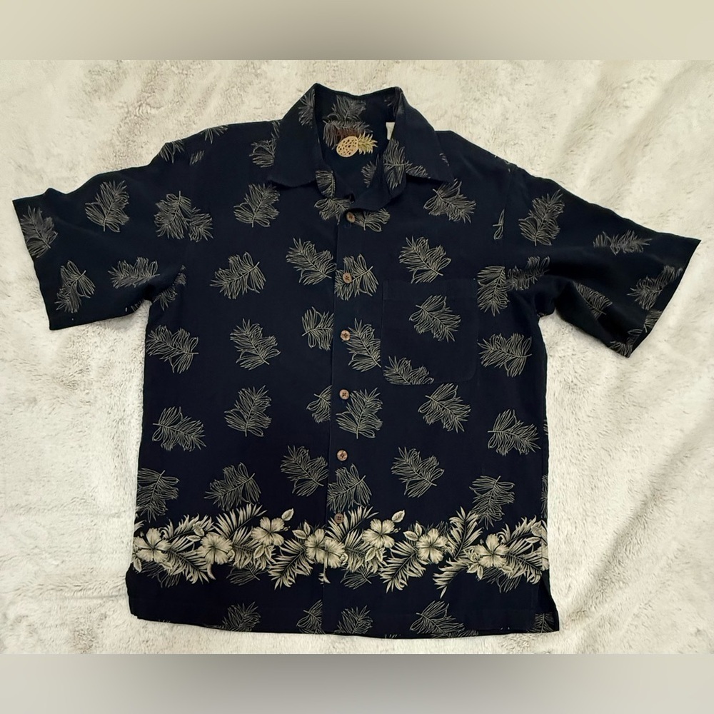 Caribbean Navy Floral Linen Blend Men's Shirt Size M
